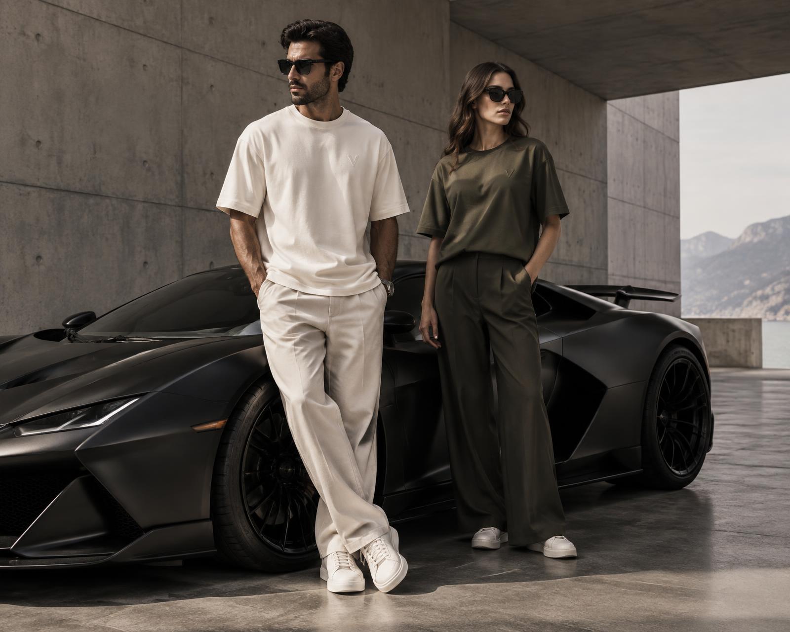Two VALOIR clients beside a matte black hypercar